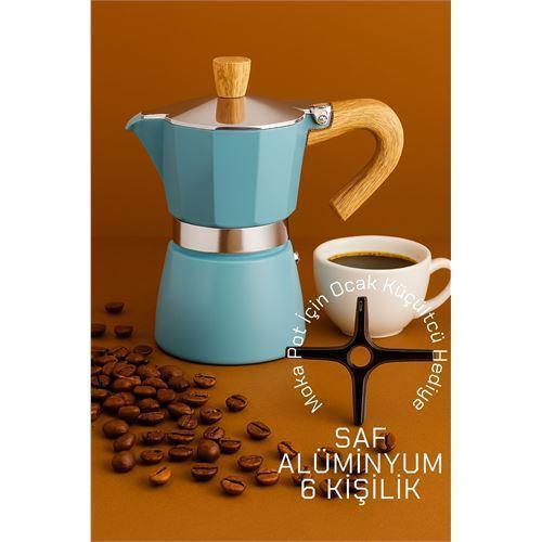 Italyan Moka Pot - 6061 Saf Alüminyum Ahşap Saplı - 6 kişilik MAVİ