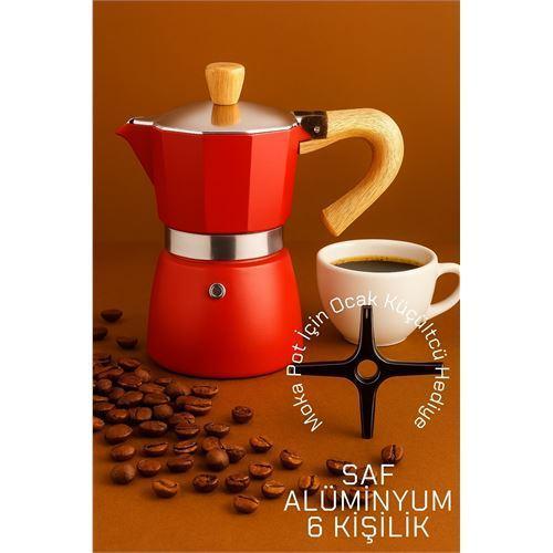 Italyan Moka Pot - 6061 Saf Alüminyum Ahşap Saplı - 6 kişilik KIRMIZI