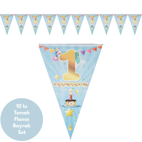 1 Yaşındayım Mavi Flama Bayrak Set Süs