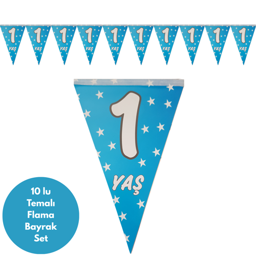 1 Yaş Mavi Yıldızlı Flama Bayrak Set Süs