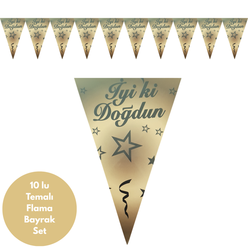 Altın Üstü Siyah Yıldızlı İyiki Doğdun Flama Bayrak Set Süs