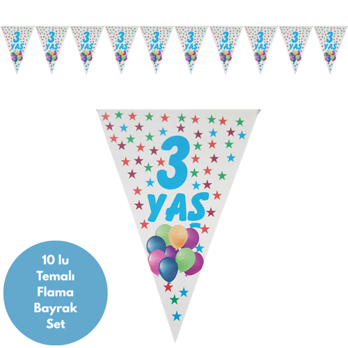 3 Yaş Mavi Yıldızlı Flama Bayrak Set Süs