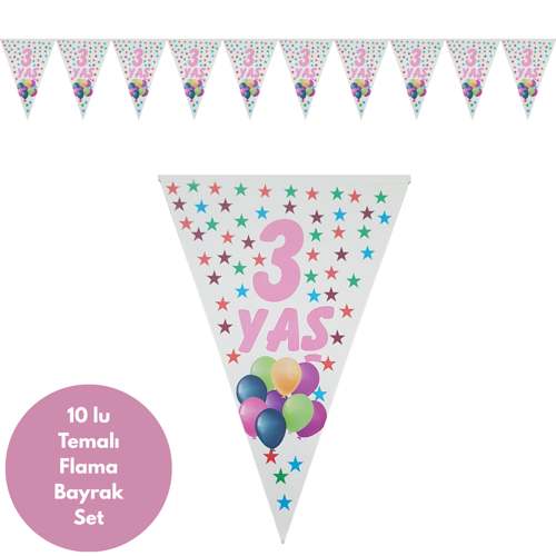 3 Yaş Pembe Yıldızlı Flama Bayrak Set Süs