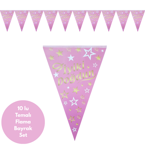 İyiki Doğdun Pembe Altın Yıldızlı Flama Bayrak Set Süs