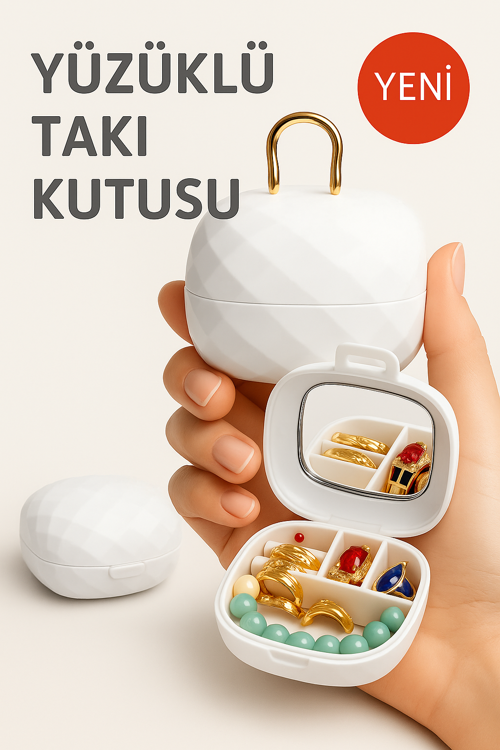 Taşınabilir Yüzüklü Takı Kutusu – Ayna ve 4 Bölmeli Mini Mücevher Organizer - Beyaz