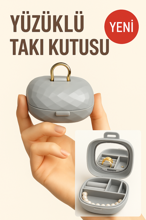 Taşınabilir Yüzüklü Takı Kutusu – Ayna ve 4 Bölmeli Mini Mücevher Organizer - Gri
