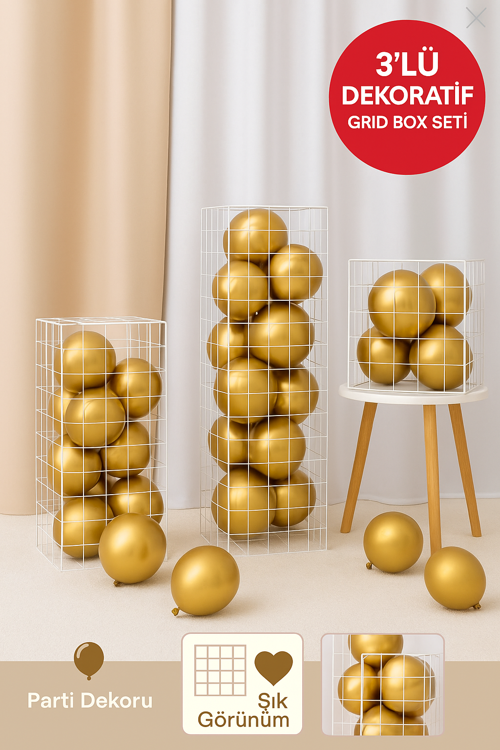 3’lü Mavi Plastik Grid Box Seti | Dekoratif Balon Kutusu | Baby Shower & Doğum Günü Süsü