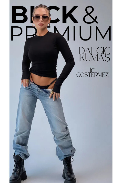 Siyah Spor Crop Top Bisiklet Yaka Darkalıp Soft Touch Basic Parmaklı Spor Body