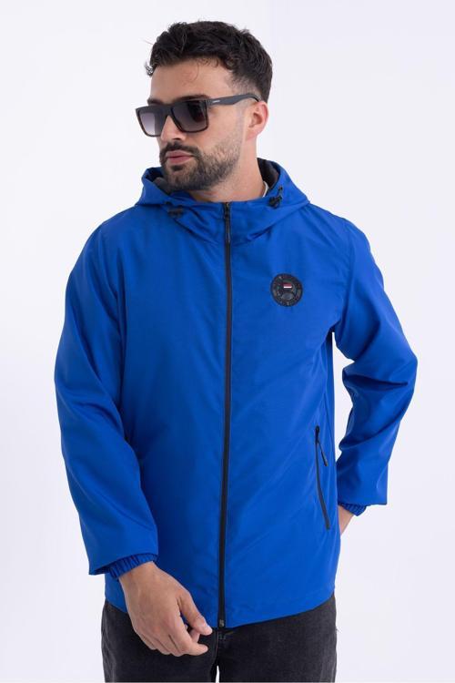 Erkek Astarlı Rüzgara Dayanıklı Kapüşonlu Saks Yağmurluk - Rüzgarlık | XL