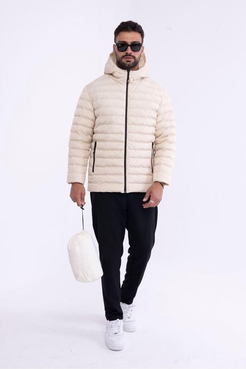 Erkek Taş Rüzgar Geçirmez Kapüşonlu Taşınabilir Çantalı Elyaf Dolgulu Hafif Spor Mont | S