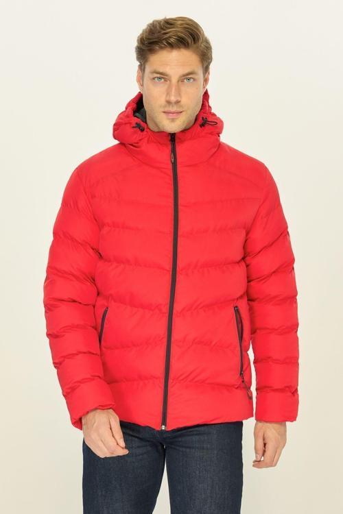 Erkek Kırmızı Elyaflı Kapüşonlu Rüzgar Geçirmez Şişme Kışlık Mont | XL