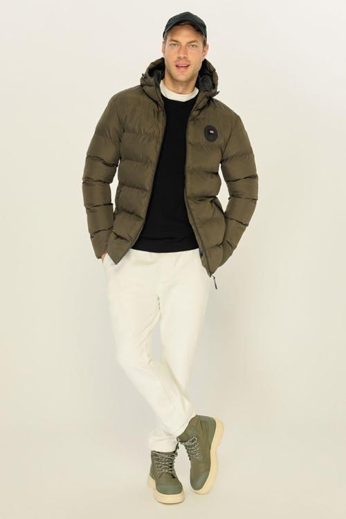 Erkek Haki Astarlı Su Ve Rüzgar Geçirmez Kapüşonlu Kışlık Şişme Mont | XL