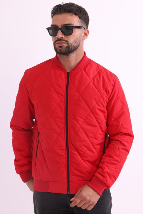 Erkek Kırmızı Kolej Yaka Rüzgar Geçirmez Kapitone Desenli Astarlı Mevsimlik Spor Mont | XL
