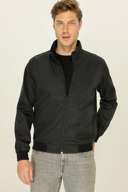 Erkek Siyah Rüzgar Geçirmez Ultra Hafif Dik Yaka Siyah Spor Mont | 5XL