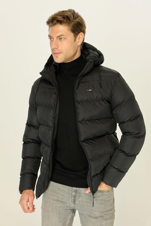 Erkek Siyah Kalın Astarlı Rüzgar Geçirmez Kapüşonlu Kışlık Şişme Mont | M