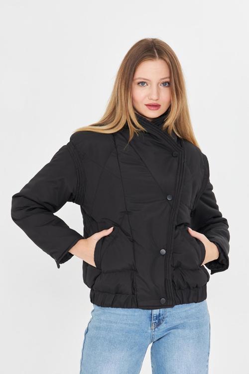 Kadın Çıkarılabilir Kollu Rüzgar Geçirmez Siyah Şişme Kışlık Mont Parka Kaban | XL