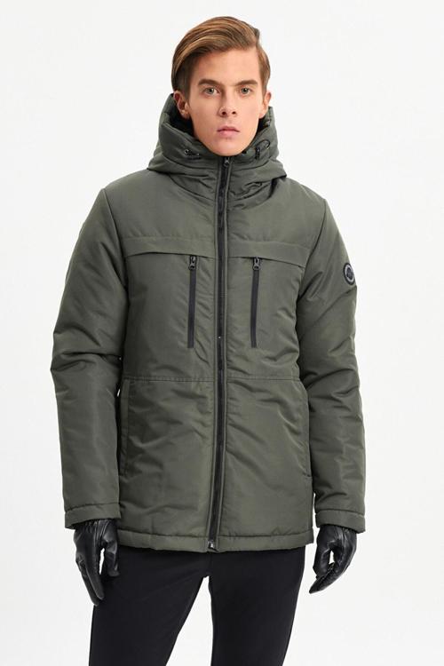 Erkek Haki Elyaflı Rüzgar Geçirmez Kapüşonlu Kışlık Spor Mont & Kaban & Parka | S