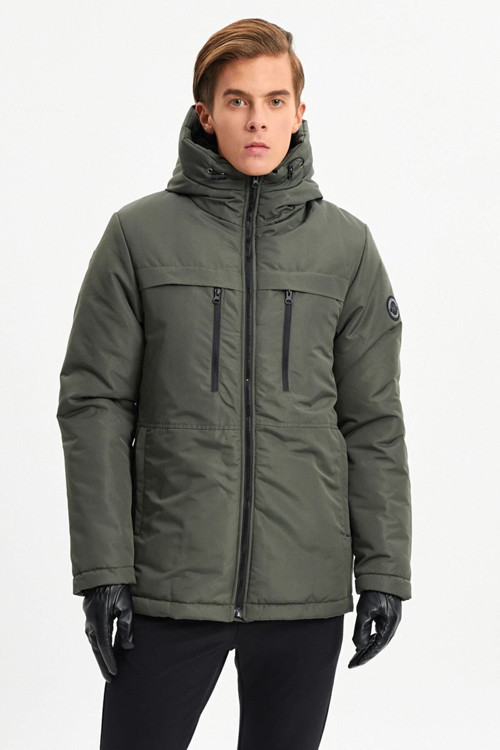 Erkek Haki Elyaflı Rüzgar Geçirmez Kapüşonlu Kışlık Spor Mont & Kaban & Parka | 2XL