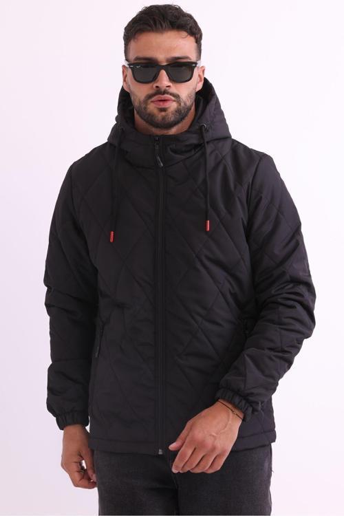 Erkek Siyah Astarlı Rüzgar Geçirmez Kapüşonlu Mont | 3XL