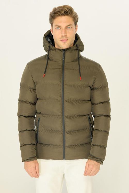 Erkek Haki Elyaflı Rüzgar Geçirmez Spor Kışlık Şişme Mont | L