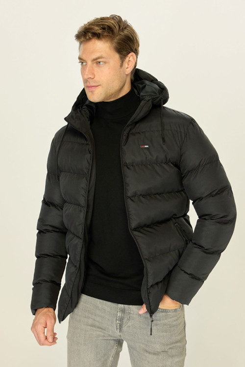 Erkek Siyah Kalın Astarlı Rüzgar Geçirmez Kapüşonlu Kışlık Şişme Mont | XL