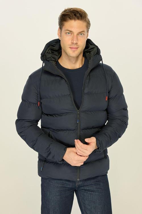 Erkek Lacivert Kalın Astarlı Rüzgar Geçirmez Spor Kışlık Şişme Mont | L