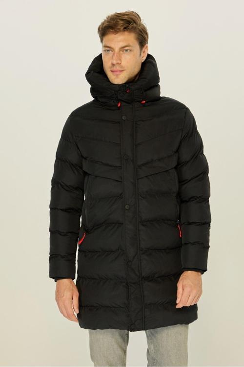 Erkek Kapüşonlu Rüzgar Geçirmez Siyah Şişme Elyaf Dolgulu Uzun Kışlık Mont Parka Kaban | 3XL