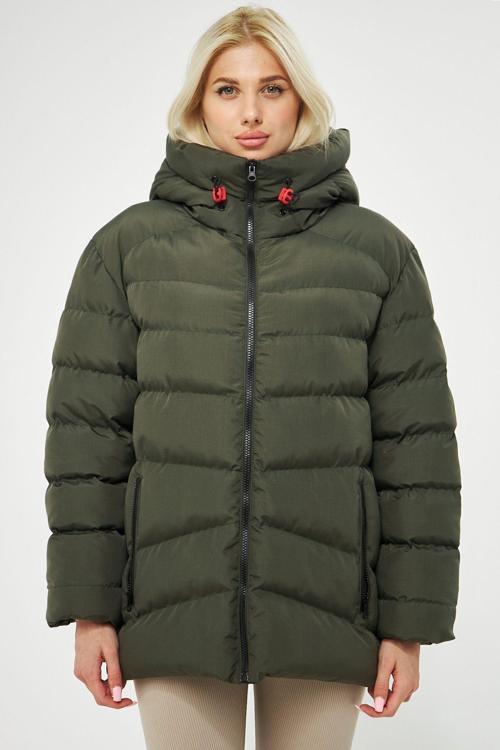 Kadın Haki Elyaflı Kapüşonlu Rüzgar Geçirmez Şişme Kışlık Mont | L