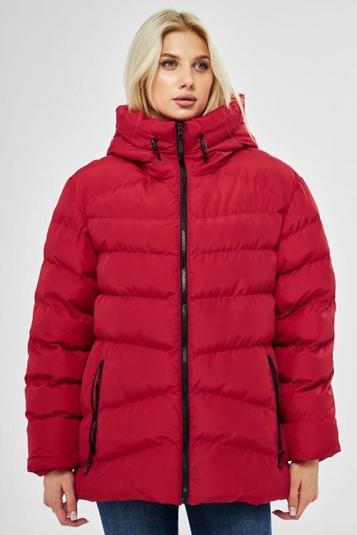 Kadın Kırmızı Elyaflı Kapüşonlu Rüzgar Geçirmez Şişme Kışlık Mont | 3XL