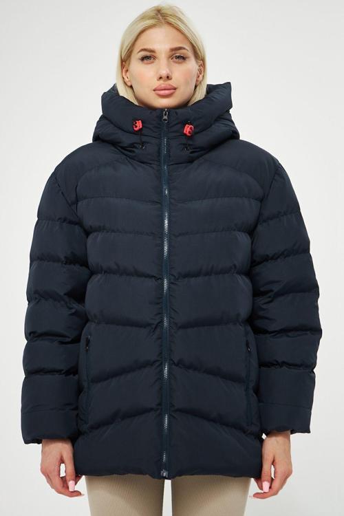 Kadın Lacivert Elyaflı Kapüşonlu Rüzgar Geçirmez Şişme Kışlık Mont | L