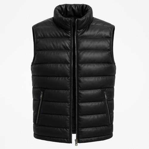 Erkek Slim Fit Fermuarlı Siyah Suni Deri Yelek - 7448