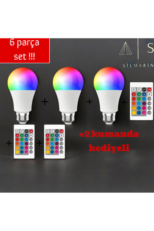 3Lü Tek Kumandadan Kontrol Edilebilen 16 Renkli 4 Modlu Her Renk Yanan Led Ampul +2 Kumanda Hediyeli