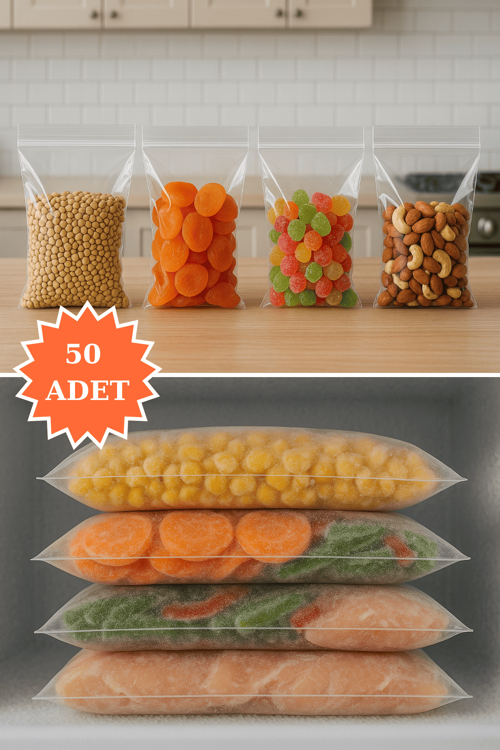 Kilitli Şeffaf Saklama Torbası Buzdolabı Gıda Çerez Bakliyat Kına Hediyelik Poşet 29,5x23 cm 50 Adet