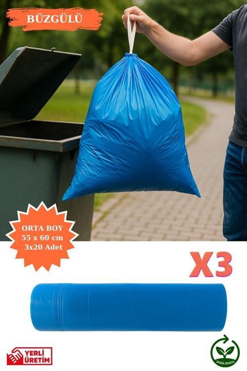 Premium Büzgülü Orta Boy Çöp Poşeti 55x60 cm 3x20 Adet Ev Mutfak İş Ofis Avantajlı Ekonomik Paket