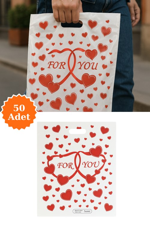 Güçlendirilmiş El Geçmeli Takviyeli Mağaza Poşeti Elit For You Kalp Baskı No 5 47x57,5 cm 50 Adet