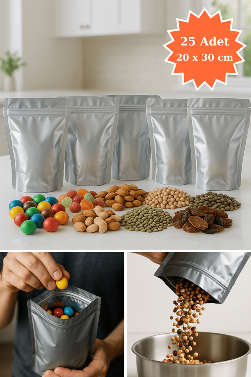Kilitli Alüminyum Doypack Kahve Kuruyemiş Bakliyat Kedi Köpek Kuş Yemi Saklama Torbası 20x30 cm 25Li