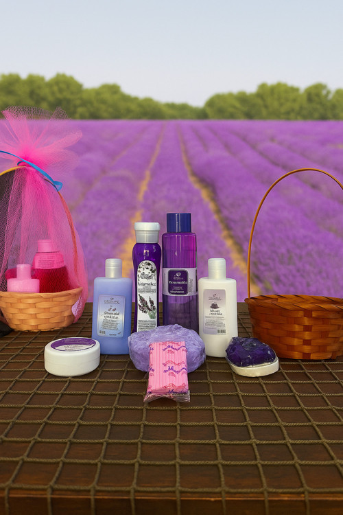 9 Parça Lavanta Sepeti Lavanta Suyu ,Kolanya,Şampuan,Vücut Losyonu,Krem, Mum,Sabun Hediyelik Sepet