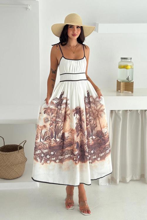 Desenli Keten Elbise Kahverengi