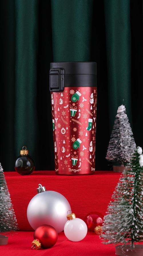 Yılbaşı Temalı 380Ml SUS304 Çelik Termos Mug 6 Saat Sıcak 12 Saat Soğuk Tutma