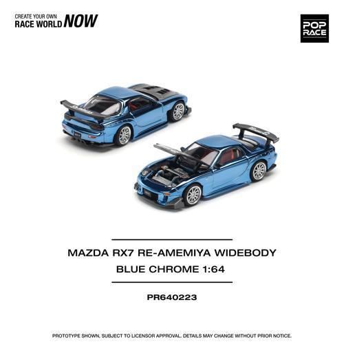 Pop Race 1:64 Mazda RX-7 RE Amemiya Widebody Blue Chrome – Diecast Metal Model Araba