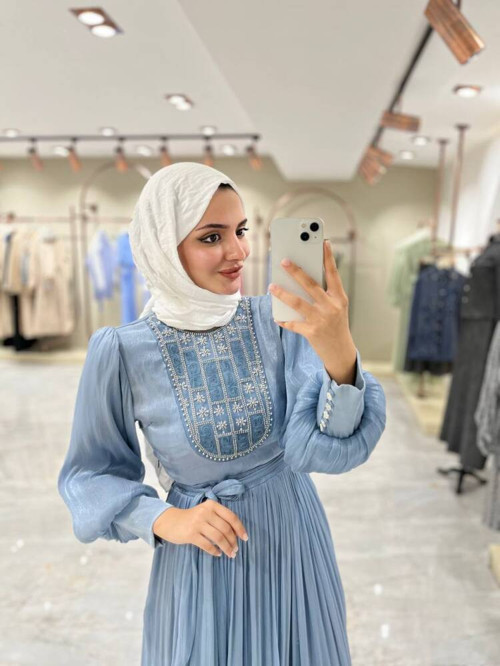 Taş işlemli Bel Kuşaklı Uzun Abiye Elbise ELB16080