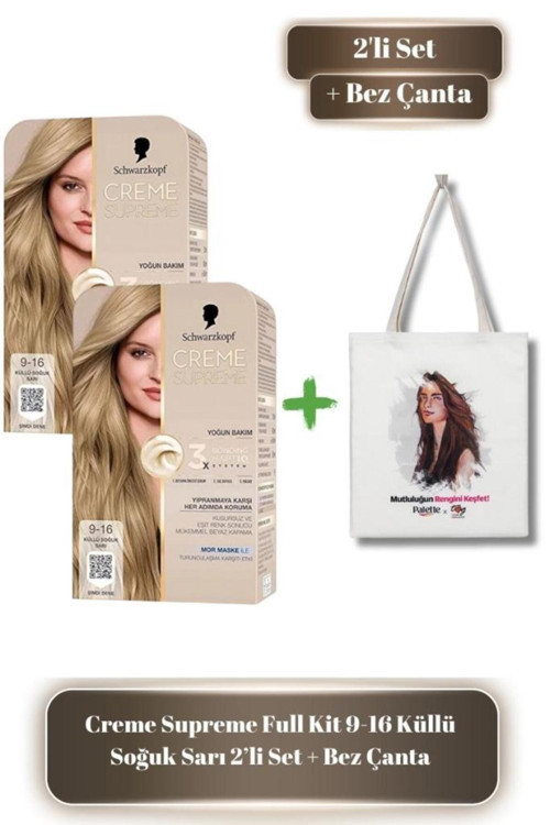 Creme Supreme 9-16 Küllü Soğuk Sarı Saç Boyası 2’li Set + Bez Çanta Hediyeli