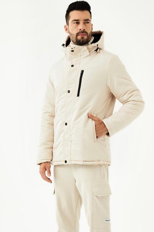 Erkek Bej Kapüşonlu Rüzgar Geçirmez Kışlık Mont & Kaban & Parka | 3XL