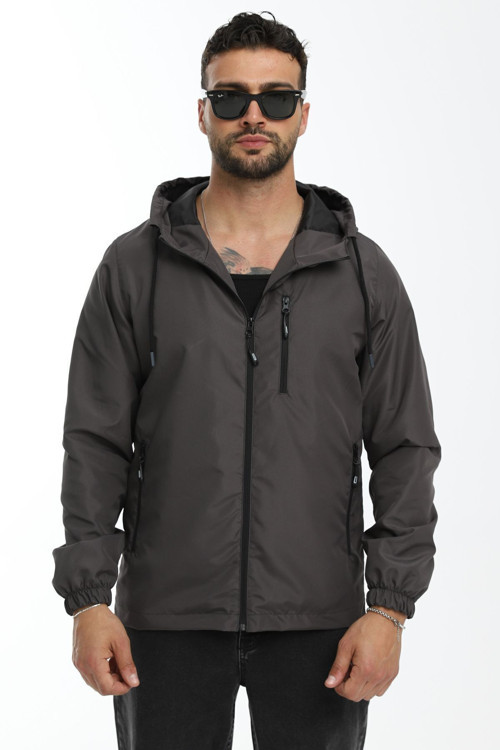 Erkek Antrasit Astarlı Rüzgara Dayanıklı Kapüşonlu Cepli Yağmurluk | M