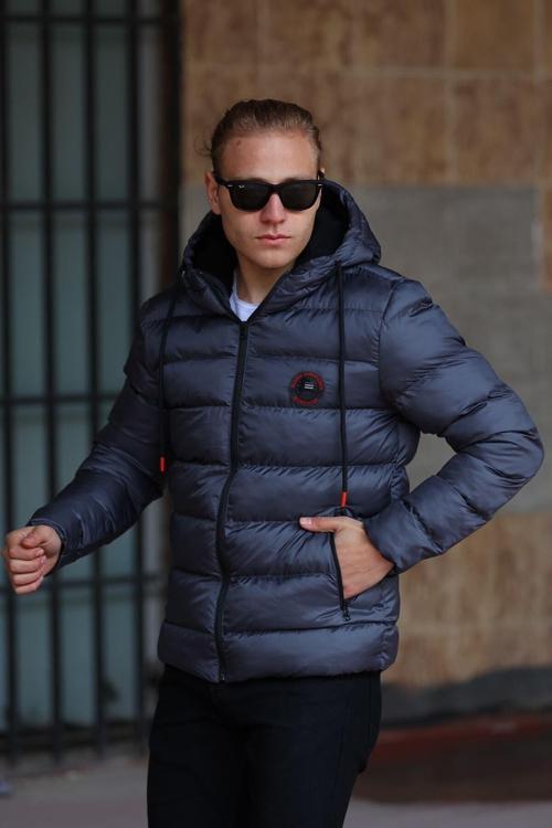 Erkek Antrasit Elyaflı Su Ve Rüzgar Geçirmez Kapüşonlu Kışlık Şişme Mont | XL