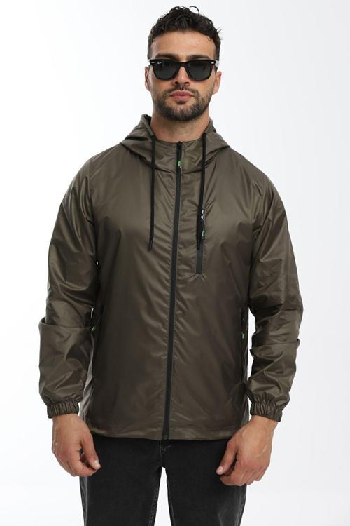 Erkek Haki Astarlı Rüzgara Dayanıklı Kapüşonlu Cepli Yağmurluk | XL