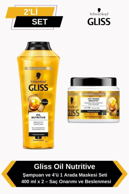 Oil Nutritive Şampuan ve 4’ü 1 Arada Maskesi Seti – 400 ml x 2 – Saç Onarımı ve Beslenmesi