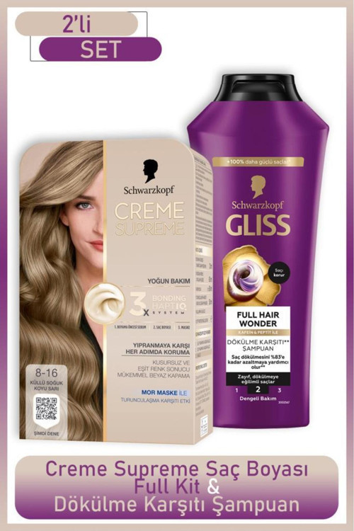 Creme Supreme Full Kit 8-16 Küllü Soğuk Koyu Sarı + Gliss Saç Dökülme Karşıtı Şampuan 400ml