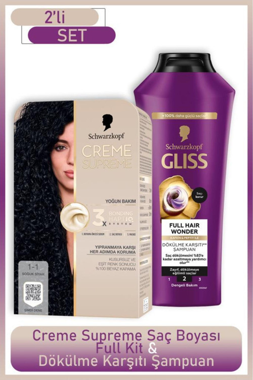 Creme Supreme Full Kit 1-1 Soğuk Siyah + Gliss Full Hair Wonder Saç Dökülme Karşıtı Şampuan 400 ml