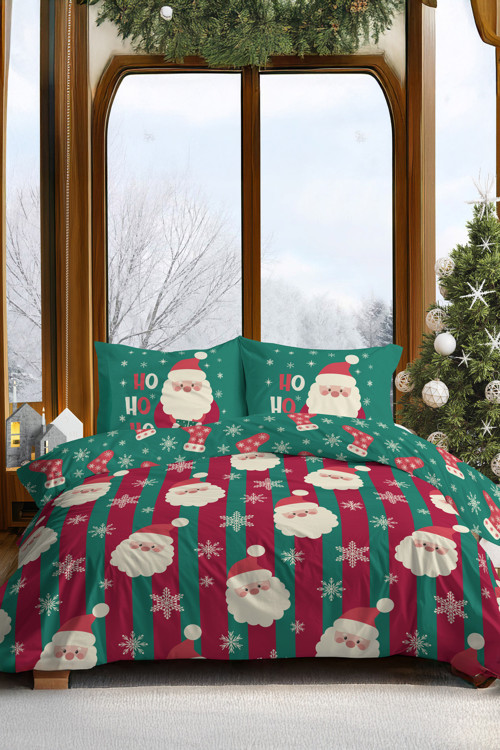 Santa Glow Noel Baba Desenli Yeni Yıl Nevresim Takımı-Çift Kişilik (Pamuk-Polyester, Gizli Fermuar)